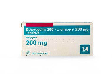 WETZLAR, GERMANY 2022-07-25: Doxycycline antibiotics pills in a cardbox over white background