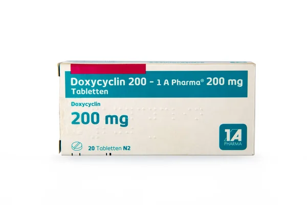 Wetzlar Germany 2022 Doxycycline Antibiotics Pills Cardbox White Background — Stock Fotó