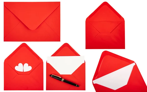 Collage Van Rode Enveloppen Geïsoleerd Witte Achtergrond — Stockfoto