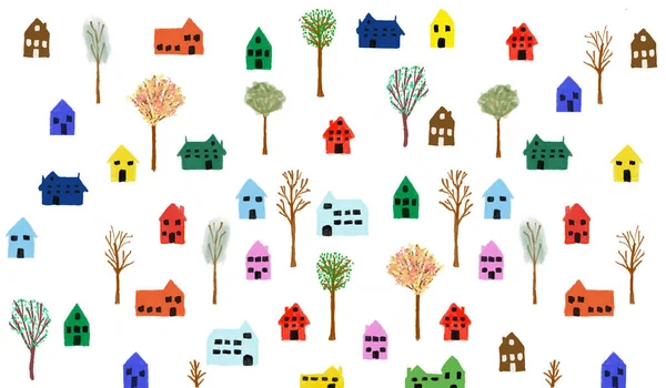 Colorful Hand drawn little Houses with Trees on white background