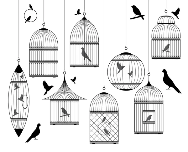 Cages à oiseaux vintage avec oiseaux — Image vectorielle