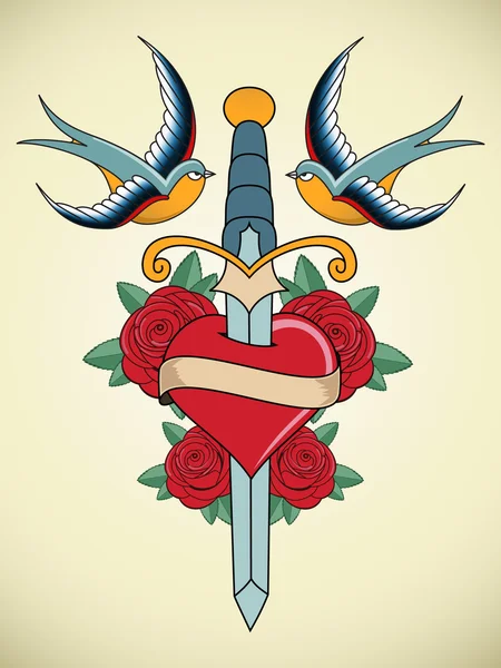 Emblema del tatuaje del corazón — Vector de stock