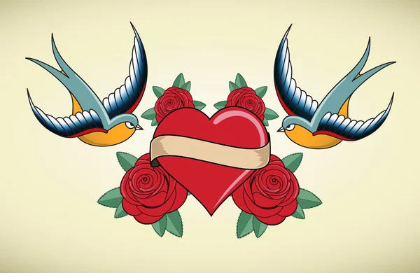 Emblème de tatouage coeur — Image vectorielle