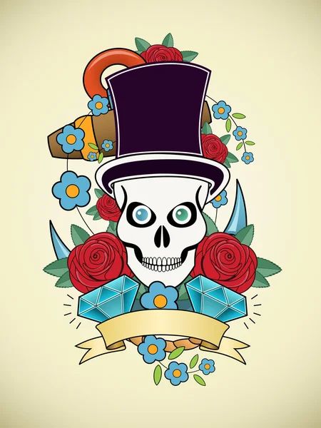 kafatası ve güller, renkli gün ölü kartı