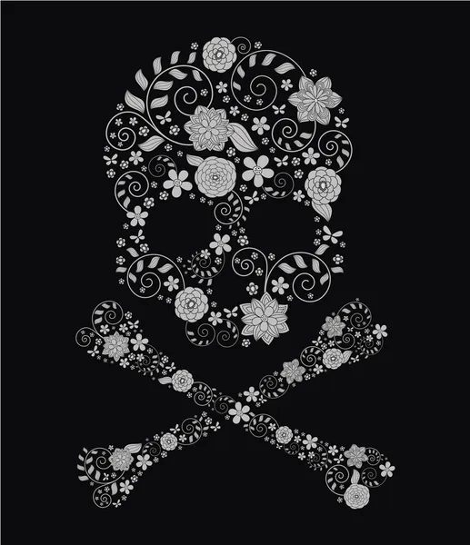 Cráneo vector floral sobre fondo negro — Vector de stock
