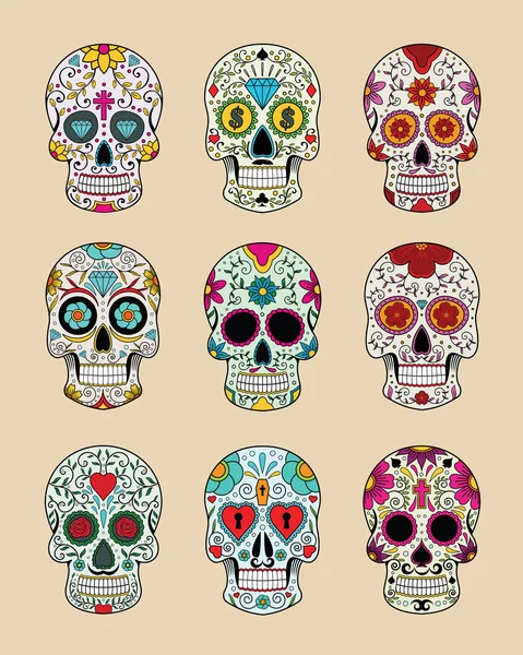 Vector illustratie set schedels in Mexicaanse traditie — Stockvector