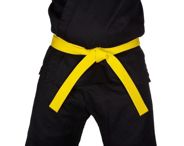 Karate Yellow Belt Tied Around Torso Black Uniform — Stock Photo, Image