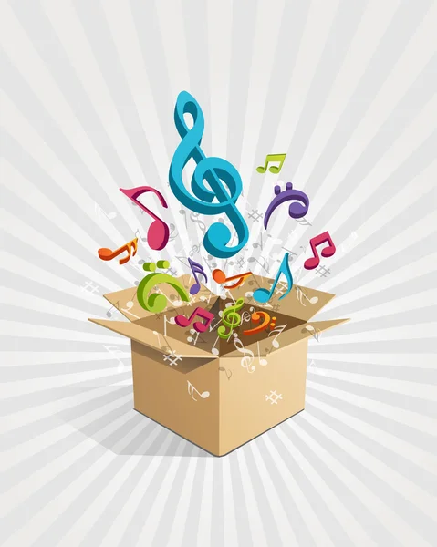 Caja abierta con mosca 3d colorido música notas vector de fondo — Vector de stock