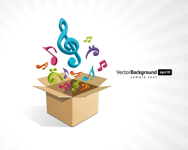 Boîte ouverte avec mouche 3d notes de musique colorées fond vectoriel — Image vectorielle