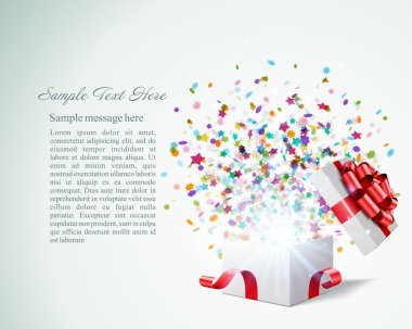 Open gift with fireworks from confetti vector background. Eps 10