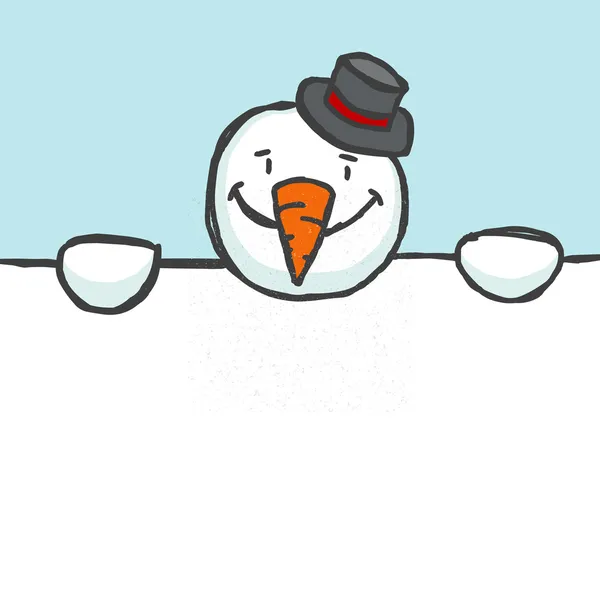 Tangan digambar Snowman memegang spanduk kosong. Latar belakang vektor eps 10 . - Stok Vektor