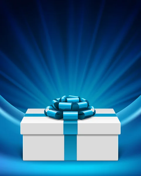 White gift box with blue ribbon and light. Vector background eps 10. — Stock Vector