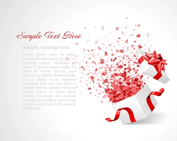 Cadeau ouvert avec des feux d'artifice de coeur confettis fond vectoriel. Eps 10 — Image vectorielle