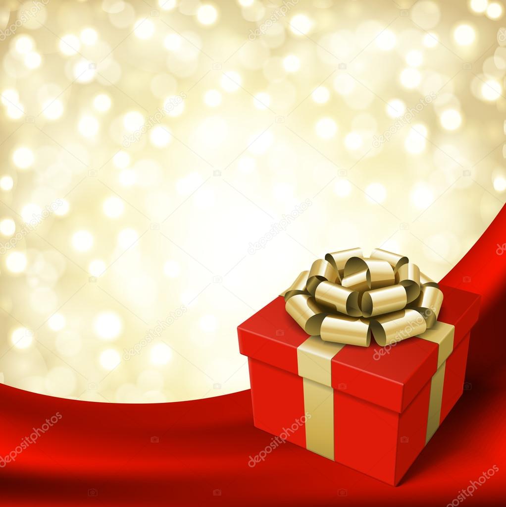 Red gift with gold bow on silk vector background