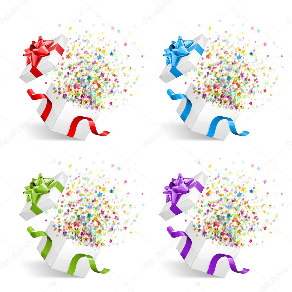 Open gift with fireworks from confetti vector design elements set. Eps 10