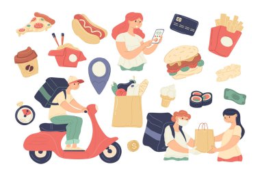 Modern gıda ekspres güvenlik koruması servis koleksiyonu doodle vektör illüstrasyonu