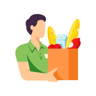 Meçhul erkek kurye yeşil üniforması market vektörü düz resimleriyle dolu bir paket taşıyor.
