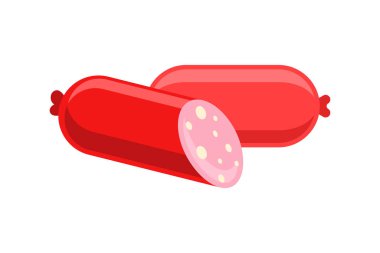 Lezzetli yarısı ve tüm sosis vektörü düz çizim. İştah açıcı yarı pişmiş et yemeği.