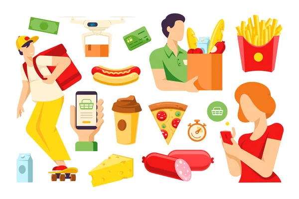Service de livraison de produits alimentaires vecteur de collecte plat illustration clients faisant la commande en ligne — Image vectorielle