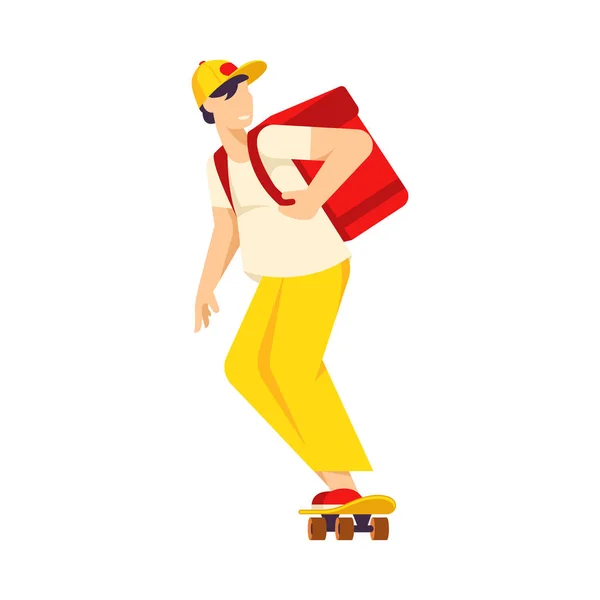 Homme adolescent messager équitation sur skateboard avec boîte sac à dos service de livraison de nourriture et de marchandises — Image vectorielle