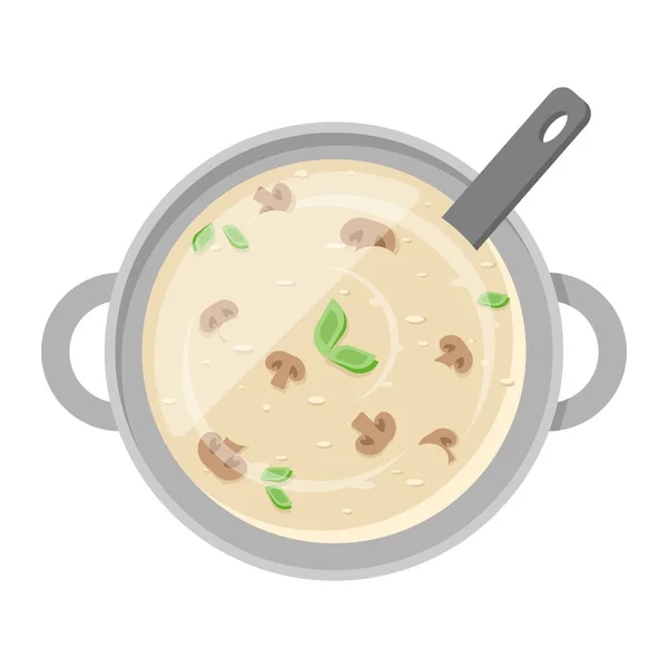 Cocinar setas apetitosas sopa de crema en la sartén con cucharón vista superior vector ilustración plana — Archivo Imágenes Vectoriales