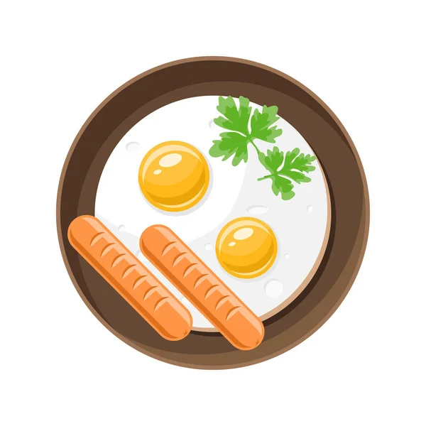 新鲜煎蛋配香肠，用绿色欧芹装饰，顶部视图向量平面插图 — 图库矢量图片