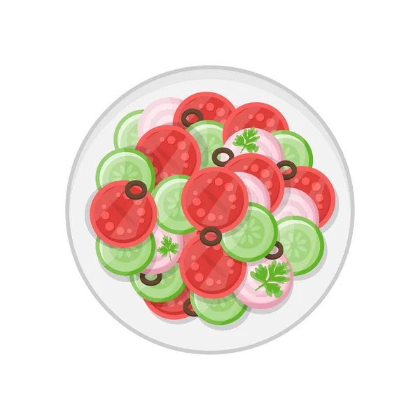 Apetitiva ensalada de verduras frescas orgánicas que sirven en la ilustración del vector de vista superior de placa. Alimento saludable — Archivo Imágenes Vectoriales