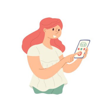 Gülümseyen kadın müşteri ürünleri seçiyor, akıllı telefonları online alışveriş uygulaması vektörüne yerleştiriyor.