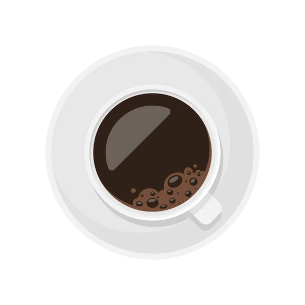 Čerstvé vůně černé aroma káva v porcelánu pohár a talíř horní pohled vektor ploché ilustrace — Stockový vektor