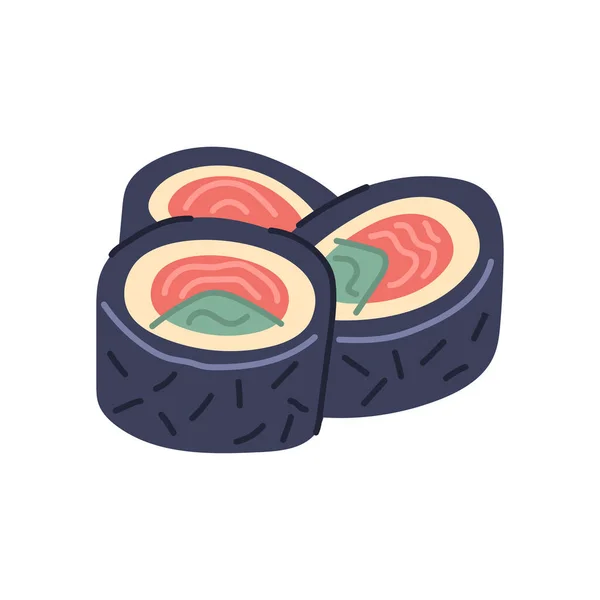Sushi Portionsvektor Flachkritzelillustration. Traditionelle japanische Rollnahrung mit Reis, Lachs-Avocado — Stockvektor