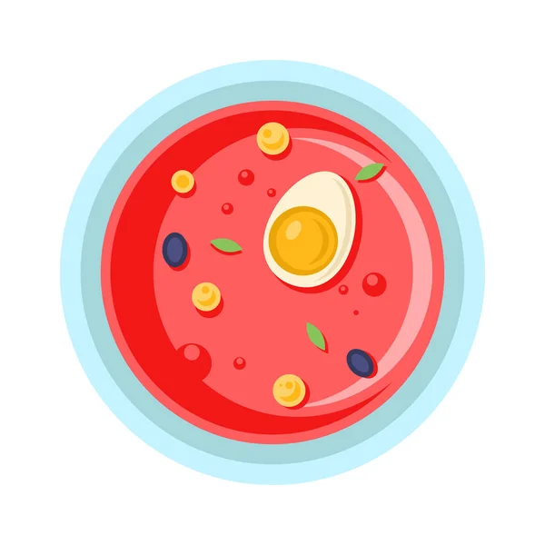 Вид сверху аппетитный овощной красный суп с яйцом подается в чаше иконка векторной плоской иллюстрации — стоковый вектор