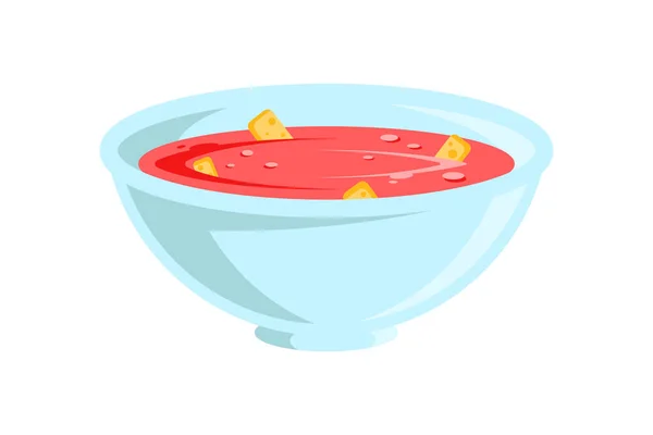 Leckere Gourmet-rote Gemüsesuppe mit Brotcrackern, die Porzellanschüssel Vektor Illustration — Stockvektor