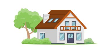Ahşap çatılı iki katlı banliyö evi, balkon verandası, izometrik vektör çizimi.