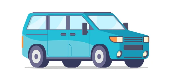 Ilustración vectorial isométrica de minivan azul vintage. Viaje en minibús retro familia a caballo — Vector de stock