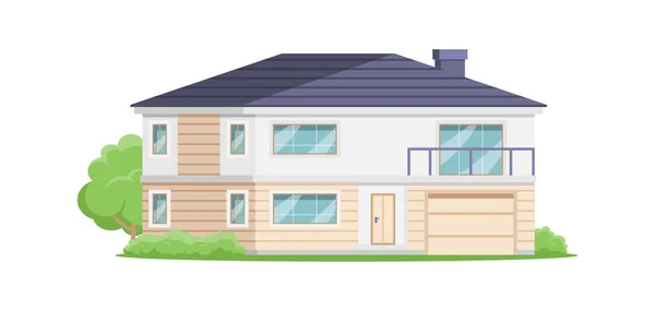Two storey residential building facade with balcony veranda and garage isometric vector illustration — Stock Vector