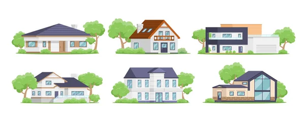 Countryside houses exterior street neighborhood collection isometric vector illustration — Stock Vector