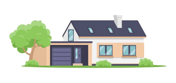 Modern two storey countryside house with garage and attic isometric vector illustration — Stock Vector