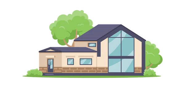 Modern stylish countryside house with glass panoramic window isometric vector illustration — Stock Vector