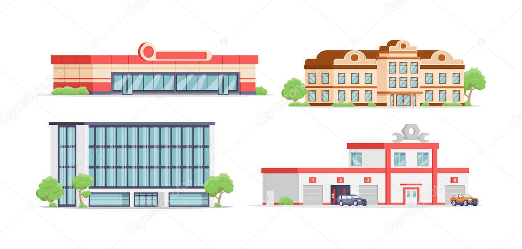 Modern municipal building facade service collection isometric vector illustration city architecture