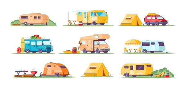 Коллекция различных кемпинговых караванов векторной плоской иллюстрации. Автомобиль с палаткой — стоковый вектор