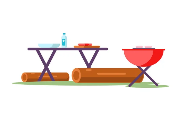 Barbacoa cocinar picnic al aire libre en camping vector ilustración plana. Mesa de servicio con tronco de madera — Vector de stock