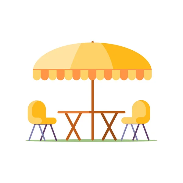 Elegante mesa de picnic amarillo con sillas de tienda de paraguas para el verano al aire libre vector de recreación plana — Vector de stock