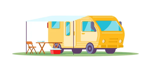 Camping autobus caravana parada con tienda y muebles para comer viaje por carretera recreación vector isométrico — Vector de stock