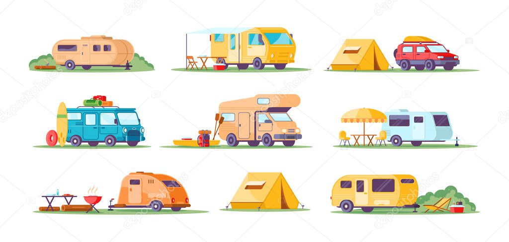 Collection different camping caravan transportation vector flat illustration. Travel car with tent