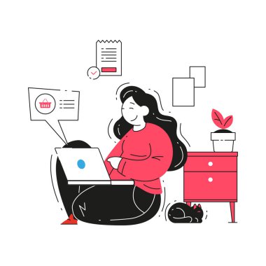 Modern kadın eşyaları arabaya koyup dijital mağazada online alışveriş yaparken dizüstü bilgisayar kullanıyor.