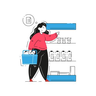 Kadın buzdolabı vitrininde süt ürünleri seçiyor süpermarket vektör düz illüstrasyon