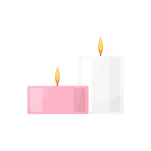 2つのピンクと白のアロマキャンドルとともに燃える炎のためのスパリラックストリートメントウェルネスセラピーベクトル — ストックベクタ
