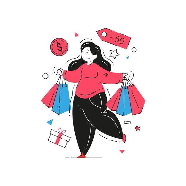 Happy shopaholic femme portant sac à provisions en papier bénéficiant d'une vente discount vecteur plat illustration — Image vectorielle