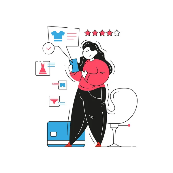 Femme client faisant des achats en ligne en choisissant vêtements lecture avis à la boutique numérique mobile app vecteur — Image vectorielle