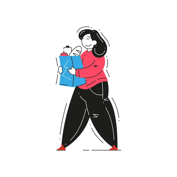 Femme acheteur portant sac en papier respectueux de l'environnement plein de vecteur de produits alimentaires illustration plate — Image vectorielle